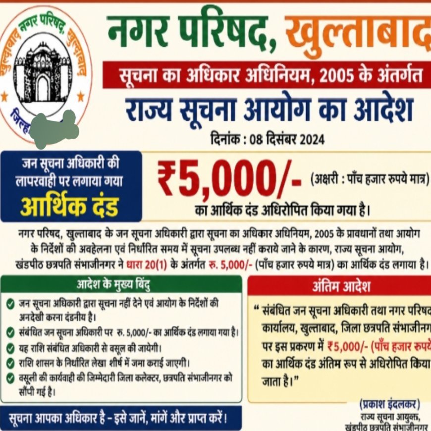 Information Commission's strictness on Khultabad Municipal Council: Rs 5000 for negligence in RTI. Fine final, District Magistrate will recover the amount