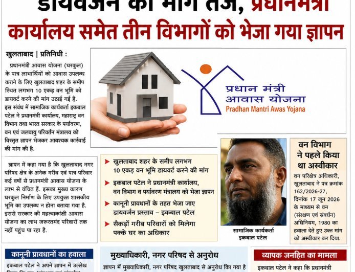 PM आवास योजना के लिए वन भूमि डायवर्जन की मांग तेज प्रधानमंत्री कार्यालय समेत तीन विभागों को भेजा गया विस्तृत ज्ञापन उपशीर्षक: 10 एकड़ वन भूमि उपलब्ध कराने की मांग, सैकड़ों गरीब एवं बेघर परिवारों को मिलेगा पक्के घर का लाभ