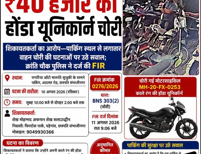 पगारिया ऑटो की पार्किंग से ₹40 हजार की होंडा यूनिकॉर्न चोरी