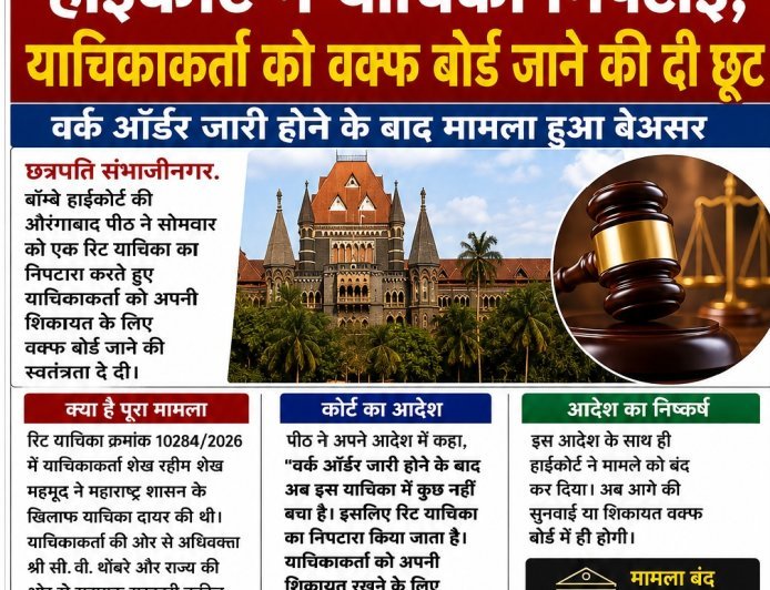 तारीख: 17 अगस्त 2026, सोमवार  हाईकोर्ट ने याचिका निपटाई, याचिकाकर्ता को वक्फ बोर्ड जाने की दी छूट वर्क ऑर्डर जारी होने के बाद मामला हुआ बेअसर
