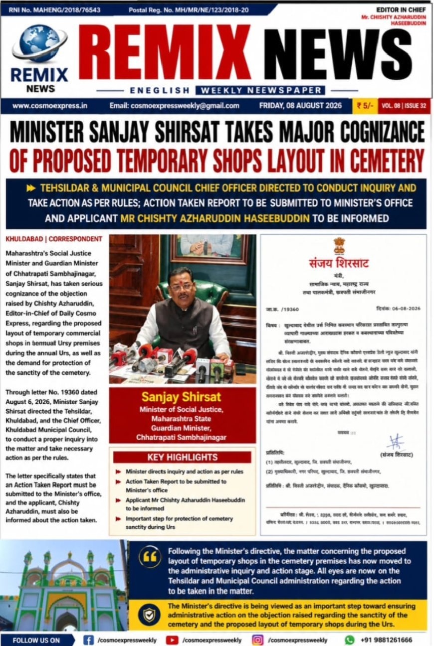 Minister Sanjay Shirsat takes great cognizance of the layout of the proposed temporary shops in the cemetery. Instructions to Tehsildar and Municipal Council Chief to investigate and take action as per rules Order to inform the applicant Chishti Azharuddin along with giving the action report to the minister's office.