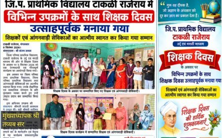 जि.प. प्राथमिक विद्यालय टाकळी राजेराय में विभिन्न उपक्रमों के साथ शिक्षक दिवस उत्साहपूर्वक मनाया गया शिक्षकों एवं आंगनवाड़ी सेविकाओं का आत्मीय स्वागत कर किया गया सम्मान
