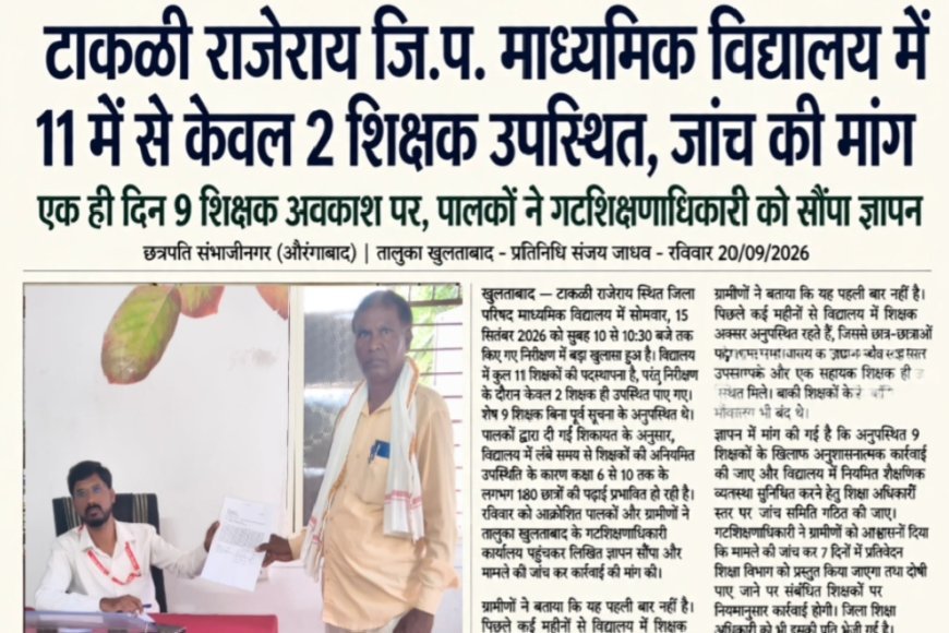 हेडलाइन: टाकळी राजेराय जि.प. माध्यमिक विद्यालय में 11 में से केवल 2 शिक्षक उपस्थित, जांच की मांग  सब-हेडलाइन: एक ही दिन 9 शिक्षक अवकाश पर, पालकों ने गटशिक्षणाधिकारी को सौंपा ज्ञापन