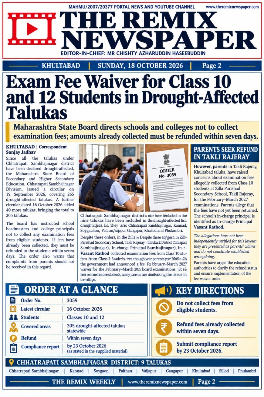 The page includes the examination-fee waiver for Class 10 and 12 students, the 305 drought-affected talukas, refund instructions, the nine talukas of Chhatrapati Sambhajinagar district, and the concerns raised by parents in Takli Rajeray